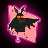 Mysterious winged creature celebrates with vibrant, pulsing neon nightlife ambiance.