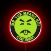 Bright warning label icon in bold, colorful RGB neon lighting.