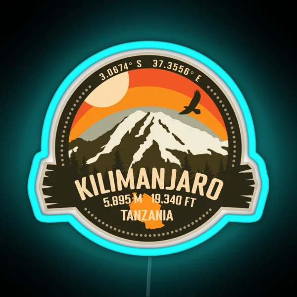 Mt Kilimanjaro Tanzania Africa Summit Mountain Trekking Retro Badge RGB Neon Sign