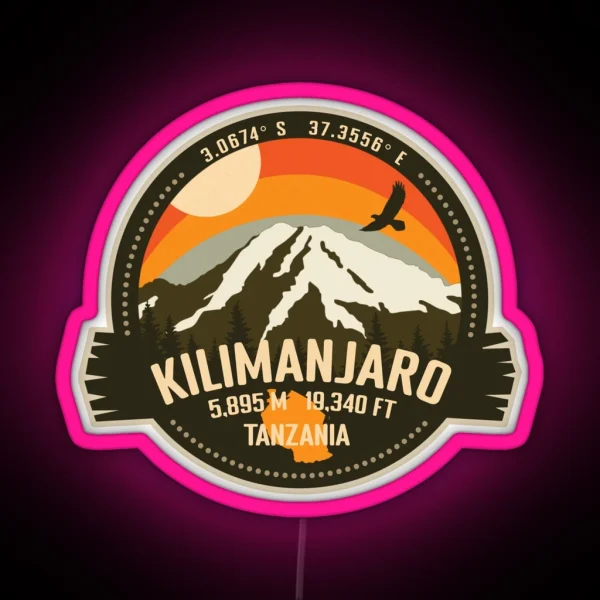 Mt Kilimanjaro Tanzania Africa Summit Mountain Trekking Retro Badge RGB Neon Sign