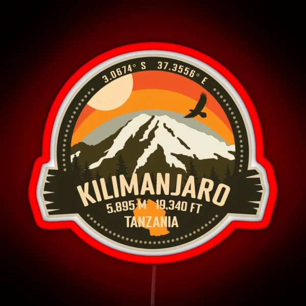 Mt Kilimanjaro Tanzania Africa Summit Mountain Trekking Retro Badge RGB Neon Sign