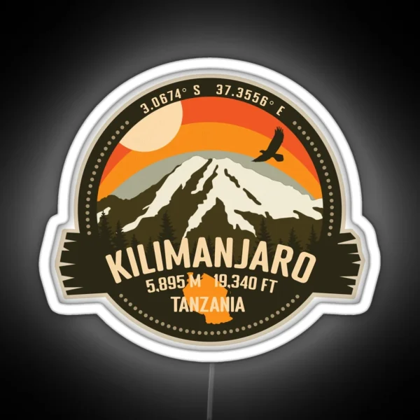 Mt Kilimanjaro Tanzania Africa Summit Mountain Trekking Retro Badge RGB Neon Sign