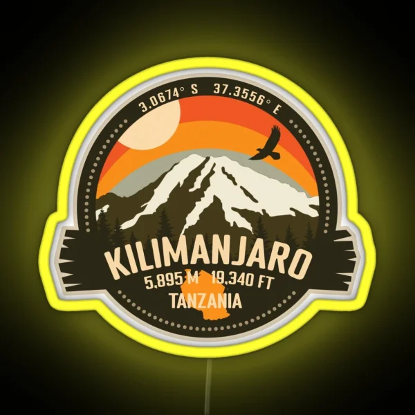 Mt Kilimanjaro Tanzania Africa Summit Mountain Trekking Retro Badge RGB Neon Sign