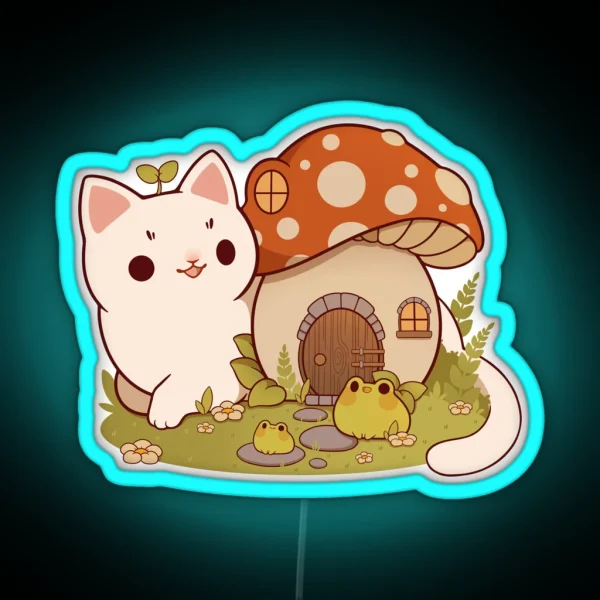 Mushroom House With Cat And Frog Friends RGB Neon Sign