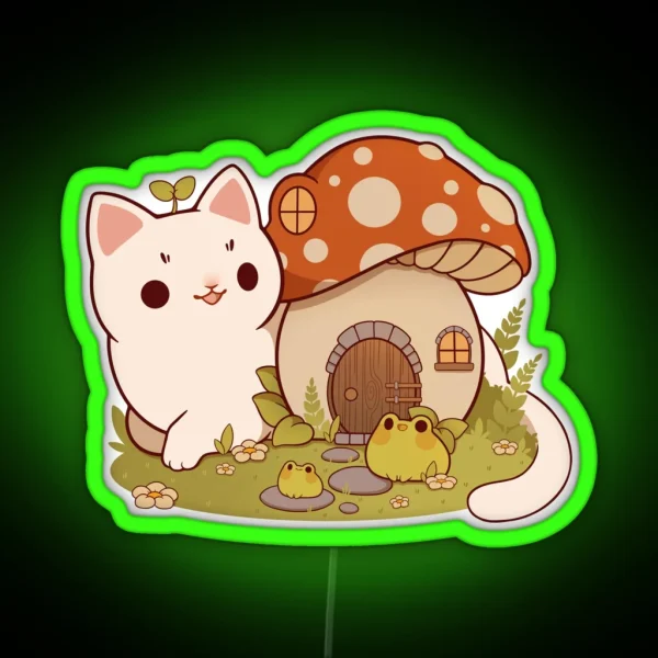 Mushroom House With Cat And Frog Friends RGB Neon Sign
