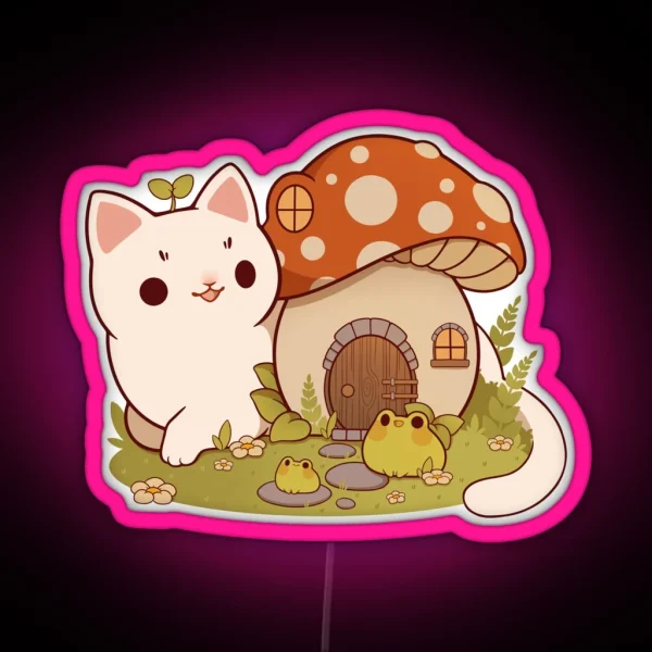 Mushroom House With Cat And Frog Friends RGB Neon Sign