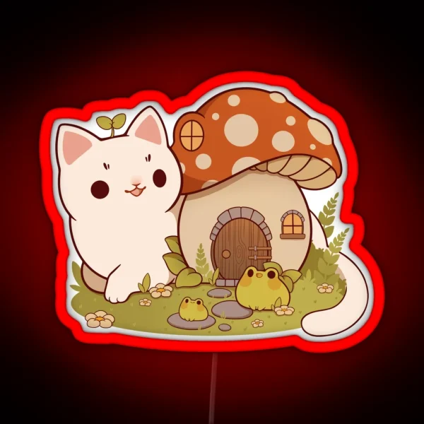 Mushroom House With Cat And Frog Friends RGB Neon Sign
