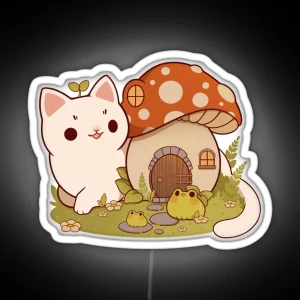 Mushroom House With Cat And Frog Friends RGB Neon Sign