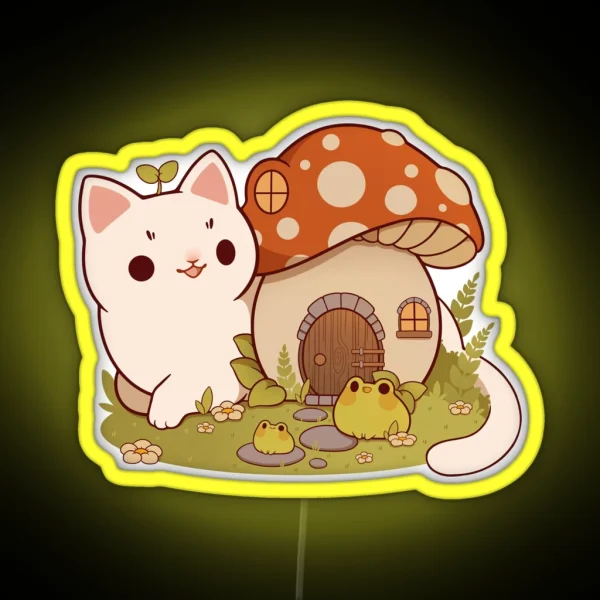 Mushroom House With Cat And Frog Friends RGB Neon Sign