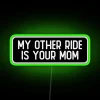 Unique humor neon sign decor for motorcycle enthusiast bedroom spaces.