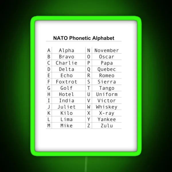NATO Phonetic Alphabet RGB Neon Sign