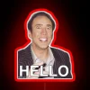 Nicolas Cage's iconic greeting in bold, colorful neon lettering