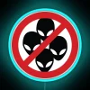 No Aliens Allowed Here" retro-style neon sign in RGB colors.