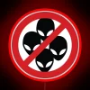 Colorful, humorous sign stating 'No Aliens Allowed' in bold letters.