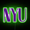 Custom NYU logo design with vibrant RGB LED neon lighting