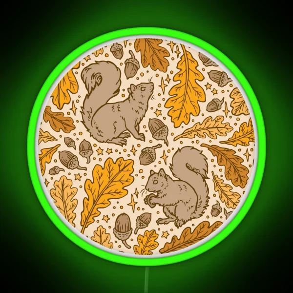 Oak And Squirrels Animal Autumn Nature Pattern RGB Neon Sign