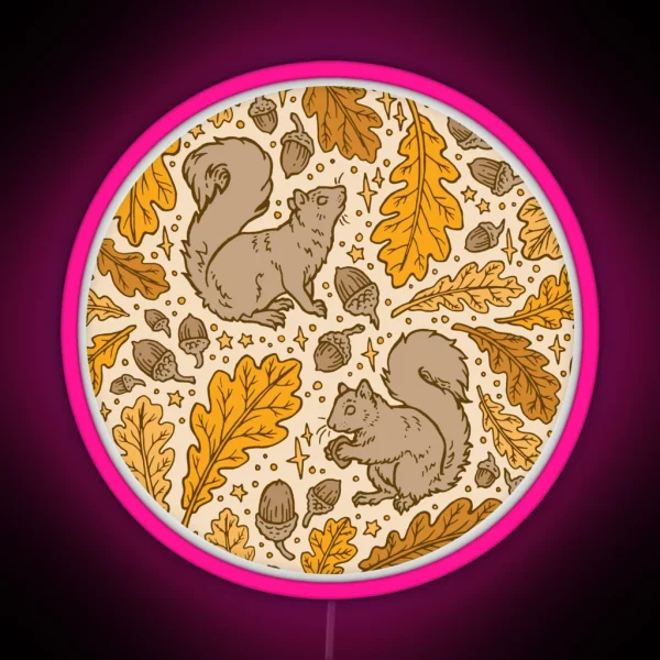 Oak And Squirrels Animal Autumn Nature Pattern RGB Neon Sign