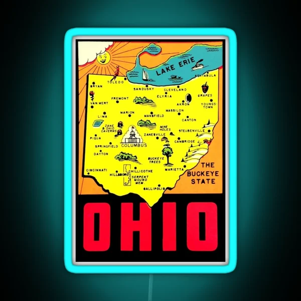 Ohio State Map Vintage Travel Decal RGB Neon Sign