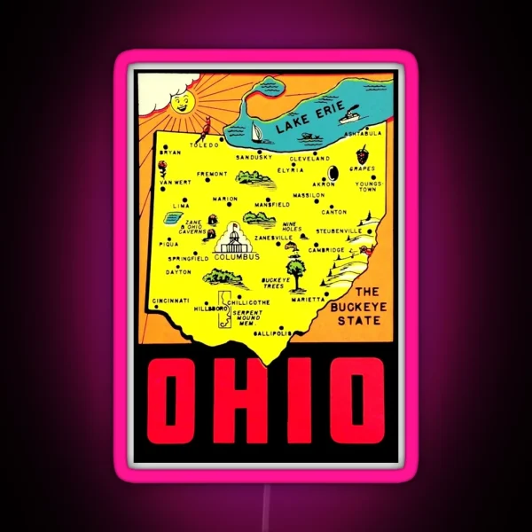 Ohio State Map Vintage Travel Decal RGB Neon Sign