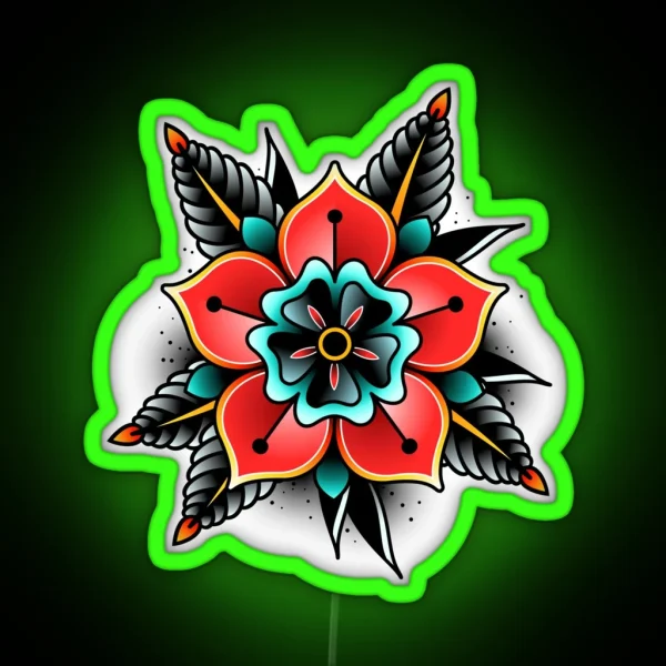 Old School Tattoo Flower Print RGB Neon Sign