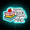 Neon motivational decor featuring open book and mind concept