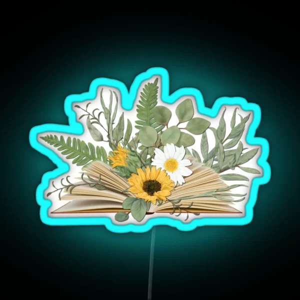 Open Book With Florals And Leaves RGB Neon Sign