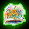 Whimsical Open Book with Vibrant Flower Petals Neon Accent Wall Art