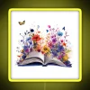 Colorful open book with flowers lit by 5 color LED neon.