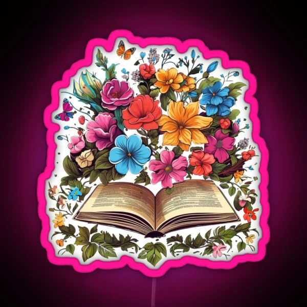 Open Book With Wild Flowers Book Aesthetic RGB Neon Sign
