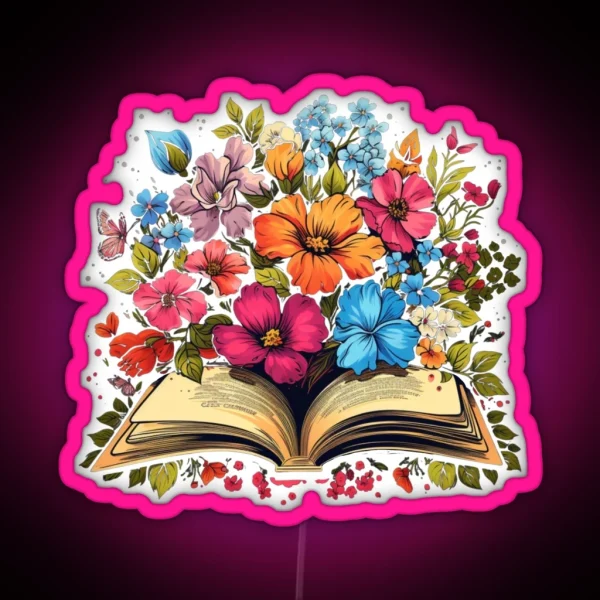 Open Book With Wild Flowers Book Aesthetic RGB Neon Sign