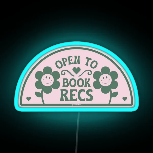 Open To Book Recs Retro Groovy Flowers Daisy Daisies Aesthetic Bookish Pastel Pink Dark Green For Kindle Reading Girl Tbr RGB Neon Sign