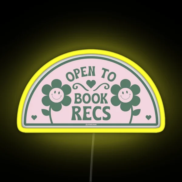 Open To Book Recs Retro Groovy Flowers Daisy Daisies Aesthetic Bookish Pastel Pink Dark Green For Kindle Reading Girl Tbr RGB Neon Sign