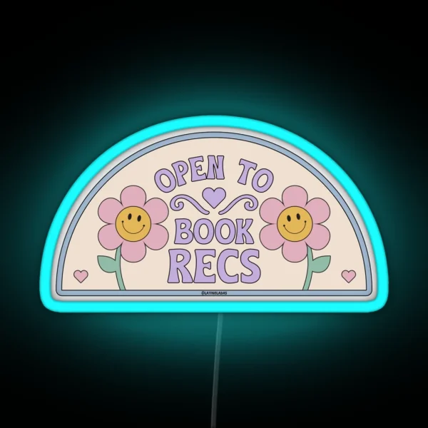 Open To Book Recs Retro Groovy Flowers Daisy Daisies Aesthetic Bookish Purple Pink For Kindle Reading Girl Tbr RGB Neon Sign