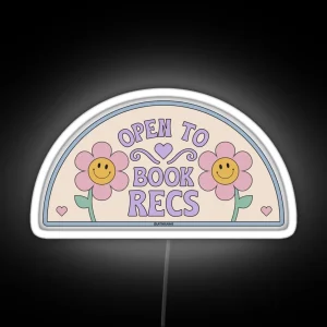 Open To Book Recs Retro Groovy Flowers Daisy Daisies Aesthetic Bookish Purple Pink For Kindle Reading Girl Tbr RGB Neon Sign