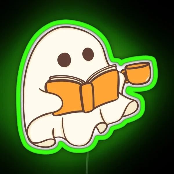 Orange Sheet Ghost With Book And Coffee Mug RGB Neon Sign