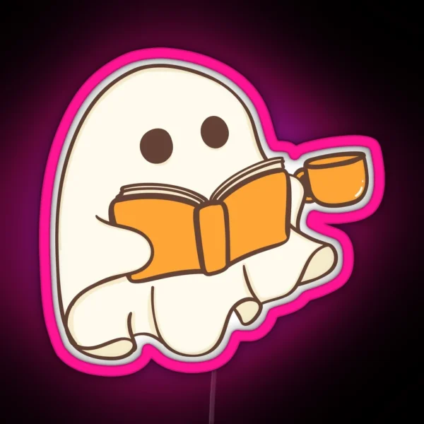 Orange Sheet Ghost With Book And Coffee Mug RGB Neon Sign