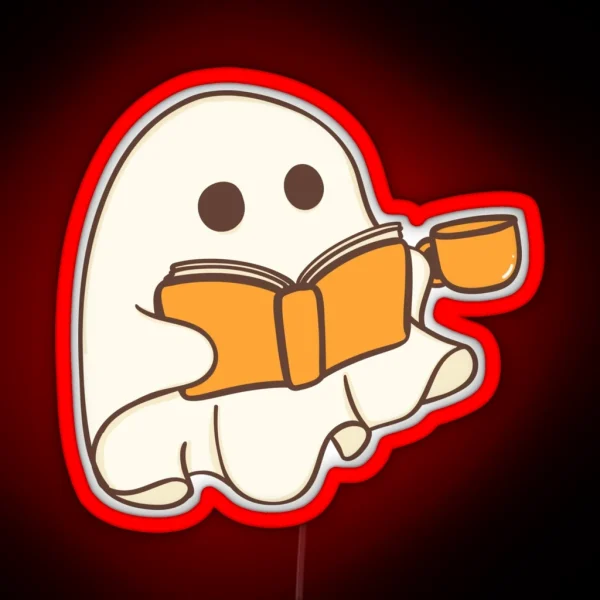 Orange Sheet Ghost With Book And Coffee Mug RGB Neon Sign