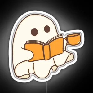 Orange Sheet Ghost With Book And Coffee Mug RGB Neon Sign