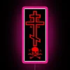 Vibrant neon sign featuring orthodox cross and Adam's skull design