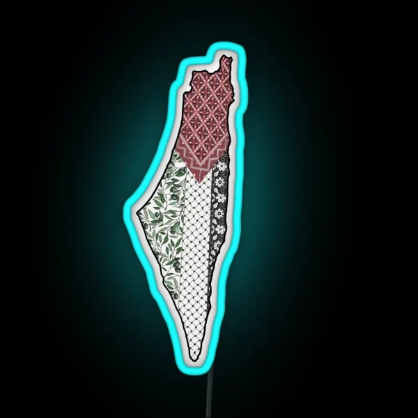 Palestine Map With Keffiyeh And Thobe Patterns RGB Neon Sign