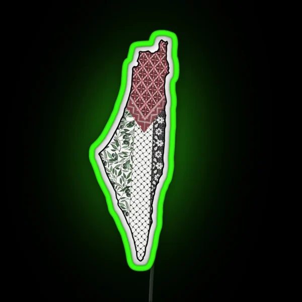 Palestine Map With Keffiyeh And Thobe Patterns RGB Neon Sign