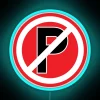 Neon parking prohibition warning sign with multicolor illuminated design accents.