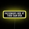 Vintage Neon Sign: "Passengers Ride at Their Own Risk" Helmet Display