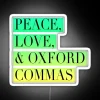 Trinity of peace, love, and harmony in vibrant Oxford style lighting.