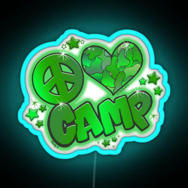 Peace Love Camp Green Camo RGB Neon Sign