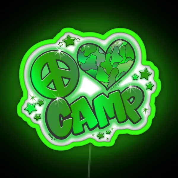 Peace Love Camp Green Camo RGB Neon Sign