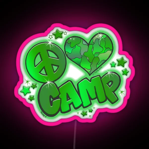 Peace Love Camp Green Camo RGB Neon Sign