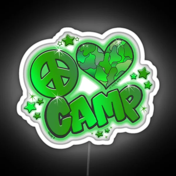 Peace Love Camp Green Camo RGB Neon Sign