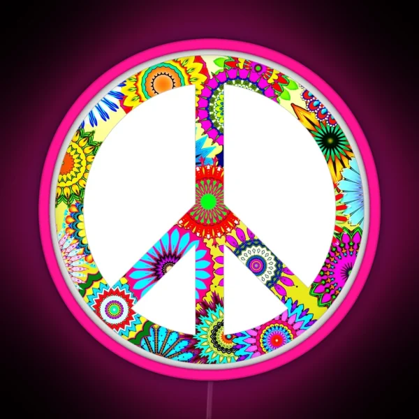 Peace Sign Cool Retro Flowers Design RGB Neon Sign
