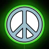 Vibrant peace sign neon light decor with colorful rgb glow.